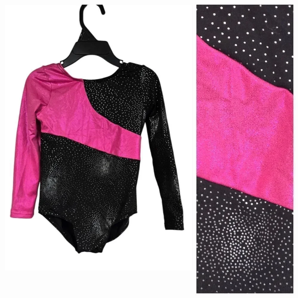 Girls Pink Black Sparkle Leotard Gymnastics Dance Tank Kids 110 3-4 Y Tumbling